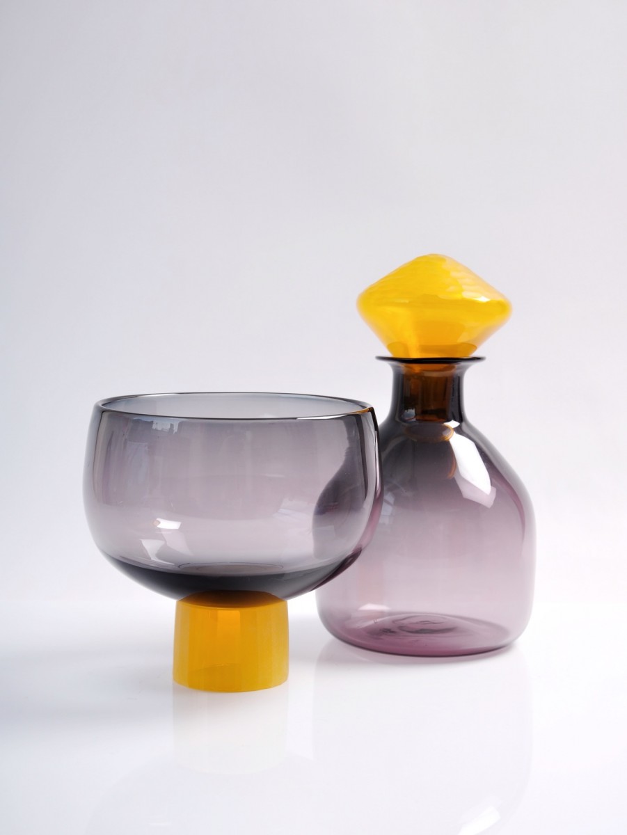 Grey and yellow glass bottle and bowl