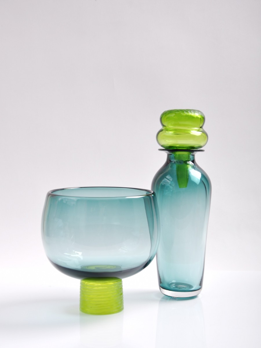 Smokey green glass bottle and bowl